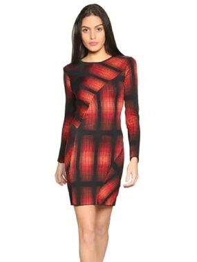 Missoni Black Red Abstract Stripe Check Long Sleeve Mini Dress